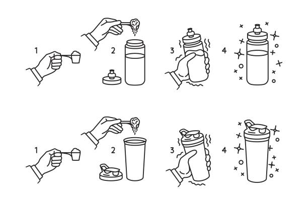 Instruction for making protein whey shake line icons. A hand shaking a sport shaker. A hand shaking a bottle. Protein line icons. Protein shaker vector illustrations. Sports food for bodybuilding. Instruction for making protein whey shake line icons. A hand shaking a sport shaker. A hand shaking a bottle. Protein line icons. Protein shaker vector illustrations. Sports food for bodybuilding protein powder bottle stock illustrations