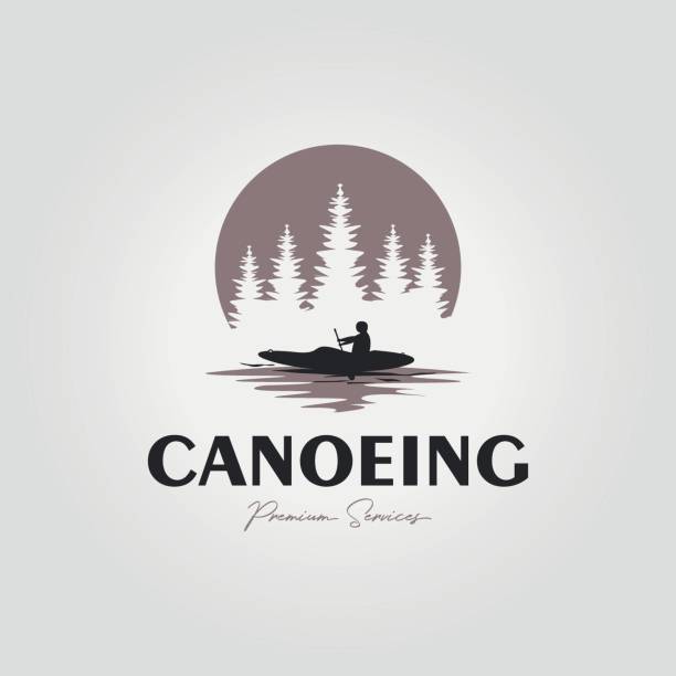 ilustrações de stock, clip art, desenhos animados e ícones de simple canoe logo on lake and forest, illustration design of water rafting with kayak at sunset icon - lake forest landscape silhouette