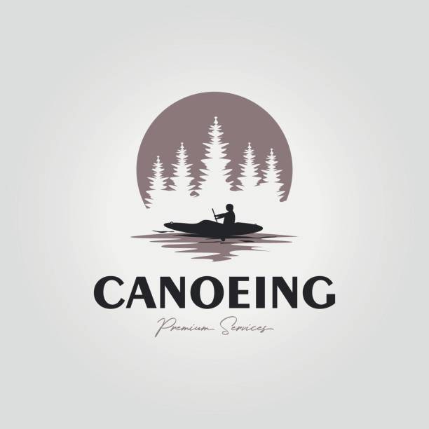 ilustrații de stoc cu logo simplu canoe pe lac și pădure, design ilustrativ de rafting pe apă cu caiac la apus pictogramă - lac