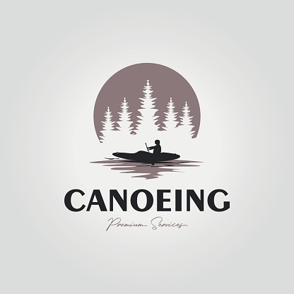 simple canoe logo on lake and forest, illustration design of water rafting with kayak at sunset icon