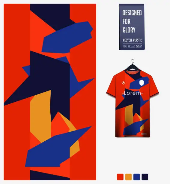 Vector illustration of Soccer jersey pattern design. Geometric pattern on orange background for soccer kit, football kit, sports uniform. T shirt mockup template. Fabric pattern. Abstract background.