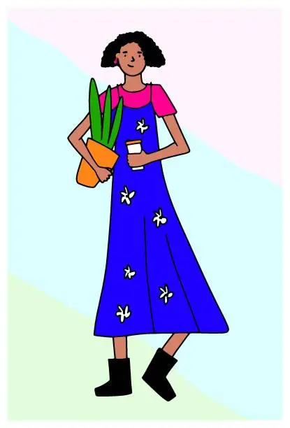 Vector illustration of Doodle going girl with home plant and coffee