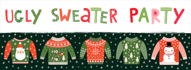 ilustraciones, imágenes clip art, dibujos animados e iconos de stock de pancarta de fiesta de suéter feo, invitación o póster para las celebraciones navideñas - ugliness sweater kitsch holiday