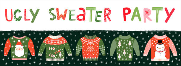 brzydki sweter imprezowy baner, zaproszenie lub plakat na obchody bożego narodzenia - ugliness sweater kitsch holiday stock illustrations