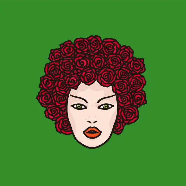 Vector illustration of Face of beautiful woman with rose flowers as hair vector illustration