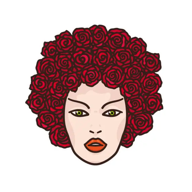 Vector illustration of Face of beautiful woman with rose flowers as hair isolated vector illustration