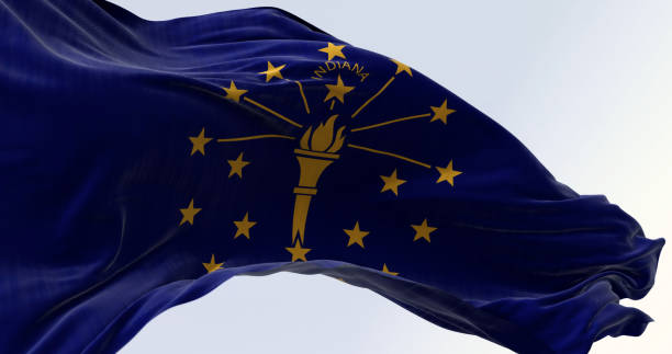 Close-up of Indiana state flag waving in the wind on a clear day Close-up of Indiana state flag waving in the wind on a clear day. Indiana is a U.S. state in the Midwestern United States. 3d illustration render. Fluttering fabric seal of the state of indiana stock pictures, royalty-free photos & images