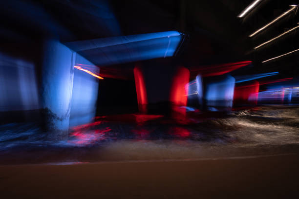 RGB Pier light trails in a special way. Night Kolobřeh.  Kołobrzeg is city in Poland.