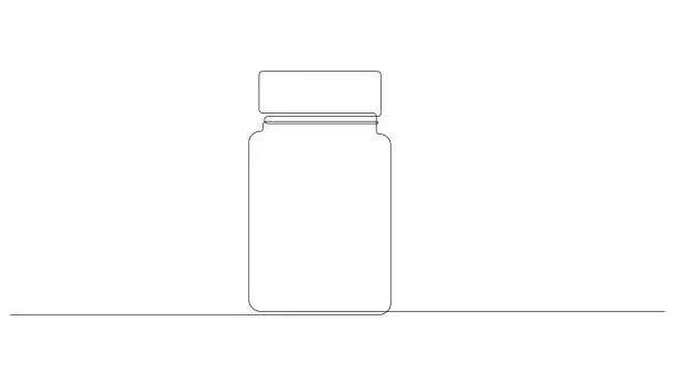 Vector illustration of Continuous single line drawing of medicine pill or capsule bottle. One line art vector illustration of container medical drug pharmacy care.