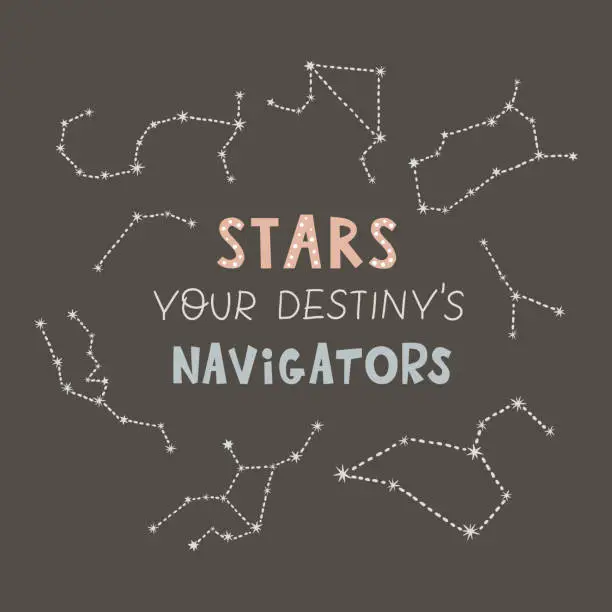 Vector illustration of Poster for kids room with starry sky, constellations and hand drawn lettering