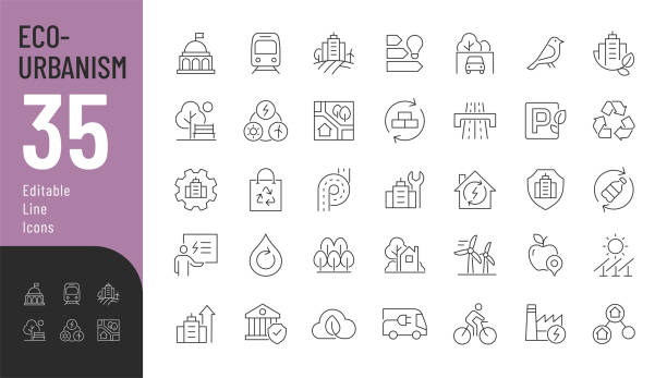 ilustraciones, imágenes clip art, dibujos animados e iconos de stock de conjunto de iconos editables de la línea eco urbanism. - retrofitting