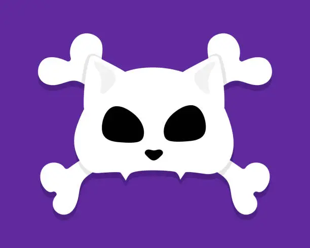 Vector illustration of Cat skull with crossbones on purple background. Cat Jolly Roger. Vector illustration