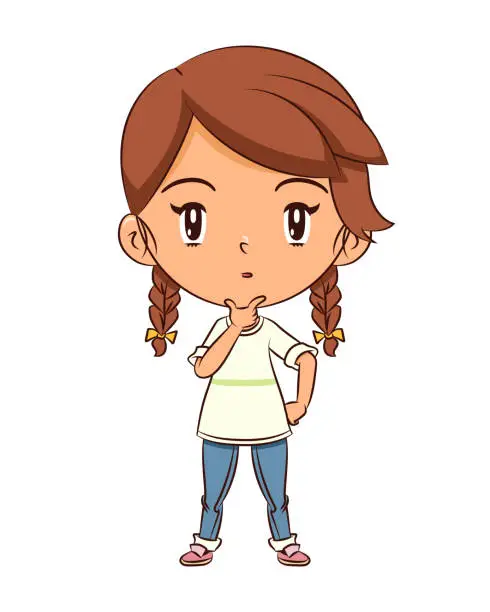Vector illustration of Girl thinking, kid wondering expression