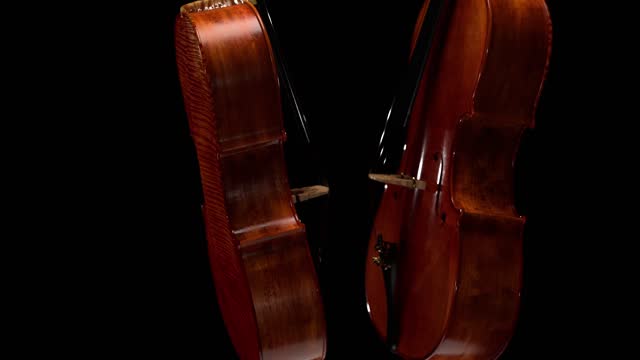 cellos on a black background, dancing to the rhythm of a waltz, fantasy, background for classical music, 3d render