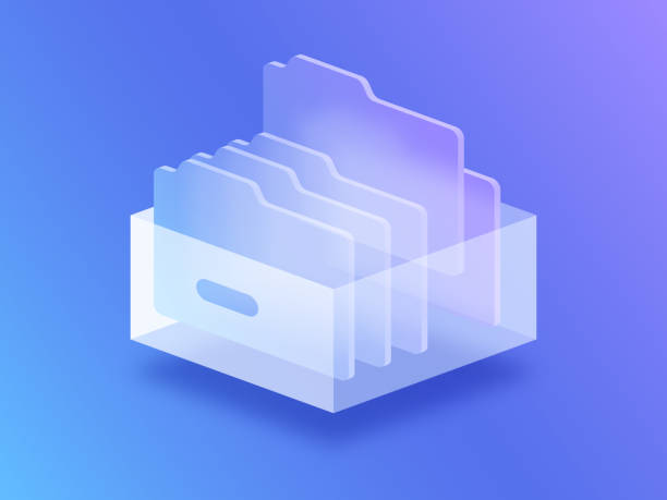 Database Document File Server Transparent Glassmorphism File Folder 3D Design Transparent database file server glassmorphism file folder modern 3D design. document storage stock illustrations