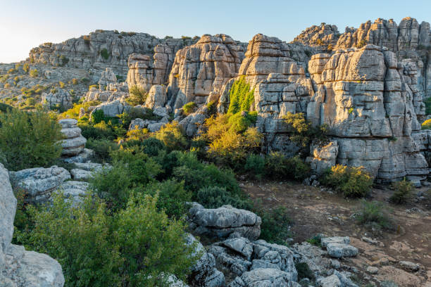 Karst rocky landscape of Torcal de Antequera in Malaga, Andalusia, Spain. stock photo