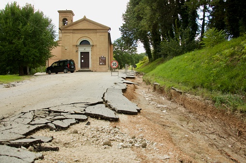 Flood damage in Italy, natural disaster destruction