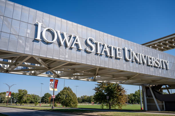 Focus on logo of bridge leading to Jack Trice Stadium at Iowa State University. Ames, IA, USA - 10.1.2023: Focus on logo of bridge leading to Jack Trice Stadium at Iowa State University. . High quality photo ncaa college conference team stock pictures, royalty-free photos & images