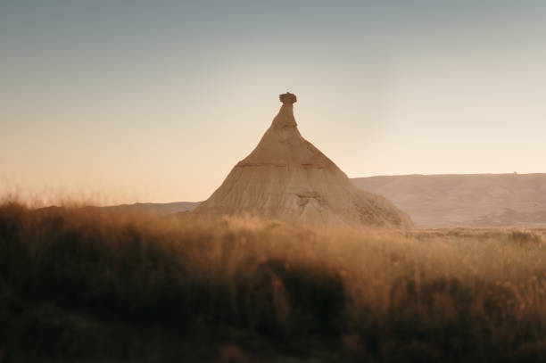 Castildetierra rock formation in Bardenas Reales de Navarra desert area at sunset