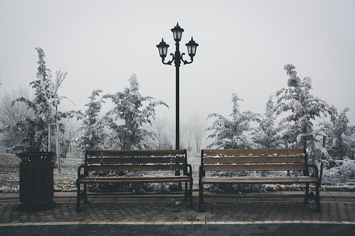 Two empty benches and rustic street lamp in snowy and foggy park in winter