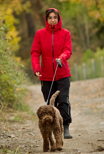 Girl walk with her dog in Autumn