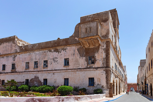 Essaouira, Morocco - June 10, 2017: Old historical architecture in the center of Essaouira (former Portuguese name Mogador).