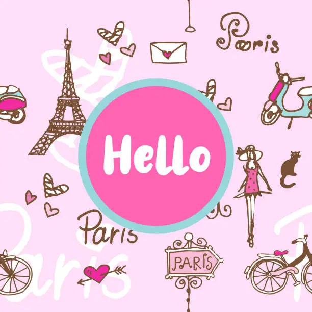 Vector illustration of Hello Paris theme card template design with hand drawn illustration.