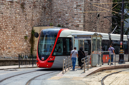 Istanbul, Turkey - July 06, 2018: View of the Alstom Citadis 204 tram in center of the Istanbul. The Alstom Citadis is a family of low-floor trams (streetcars) and light rail vehicles built by Alstom.