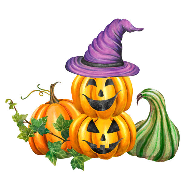 ilustrações de stock, clip art, desenhos animados e ícones de watercolor illustration with pumpkins for halloween celebration - witch voodoo smiling bizarre