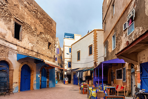 Essaouira, Morocco - June 11, 2017: View of the one of the historical narrow streets in the medina of Essaouira in Morocco.
