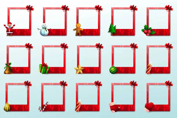 Vector illustration of Christmas Theme Photo Frames Featuring Santa Claus, Christmas Trees, Jingle Bells, Wreaths, Holly, Berries, and Decorative Christmas Ornaments to Enhance Christmas Holiday Photo Memories