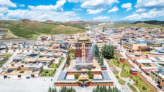 An aerial view of the Milarepa Buddhist Pavilion in Gansu Province, China