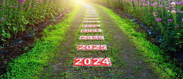 Number of 2024 and 2025 to 2032 on stone pathway