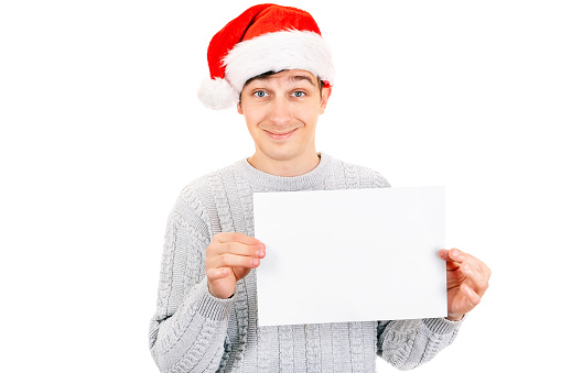 Happy Young Man in Santa Hat with Blank Paper Isolated on The White Background