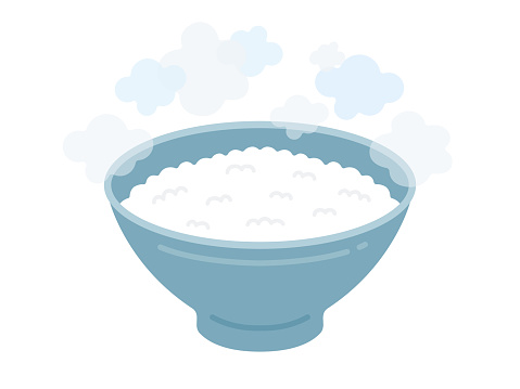 An illustration of freshly cooked rice served in a bowl.