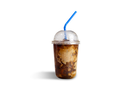 Iced caff mocha or coffee latte in takeaway cup on wooden table. coffee package for takeaway, Cold beverage product. Clipping path of drink.
