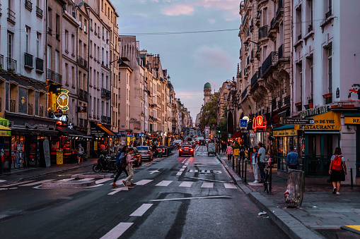 France, Paris - September 12, 2023: Beautiful French neighborhood at sunset