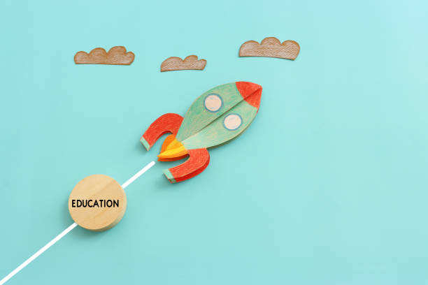 istock Concept image of rocket over blue background flying up to sky 1715214183