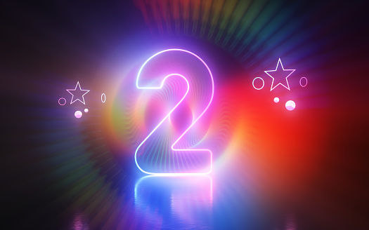 3d Render Glow in the Dark Number 2 Lettering, Neon Light Colorful Concepts