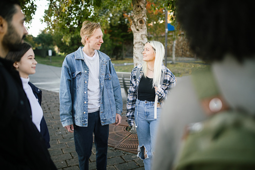 A multiracial group of young adults head back to school at a university or community college.  Classmates discuss topics, style, and life between classes.