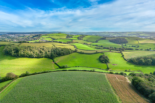 Aerial view of the rolling hills of rural south Devon