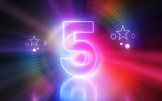 3d Render Glow in the Dark Number 5 Lettering, Neon Light Colorful Concepts