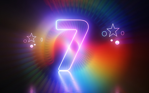 3d Render Glow in the Dark Number 7 Lettering, Neon Light Colorful Concepts
