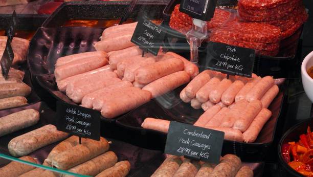 Fresh meat on display in a butchers shop window