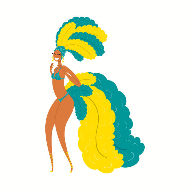 illustrazioni stock, clip art, cartoni animati e icone di tendenza di ragazza ballerina in costume di carnevale, bikini, piume - samba dancing dancer salsa dancing carnival