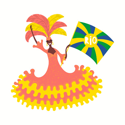 Brazilian carnival woman flag bearer in costume, dress, feathers, isolated on white. Hand drawn character vector illustration. Rio de Janeiro carnival concept, design element for poster, flyer, banner