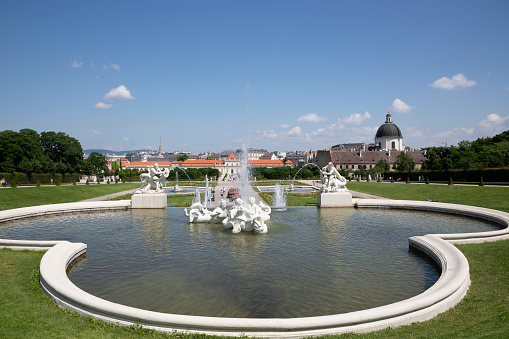 Vienna, Austria - June 15, 2023: Fountains on the grounds of the Belvedere Garden in Vienna