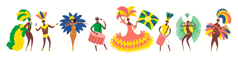 Brazilian carnival dancers, drummers, flag bearer in costumes, isolated on white. Hand drawn cartoon characters vector illustration. Brazil carnival concept, design element for poster, flyer, banner