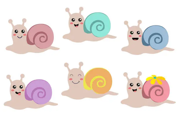 Vector illustration of Cute cartoon snail. Character snail. Cute vector illustration snail doodle style.