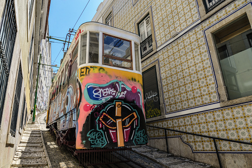LISBON, PORTUGAL - JULY 4, 2019: the tram carriage of the Lavra Funicular (Ascensor do Lavra) in the city center of Lisbon, Portugal